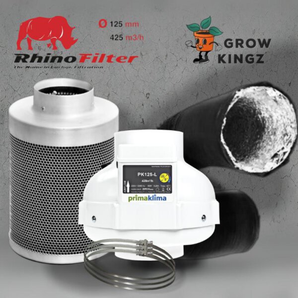 Grow Abluftset Prima Klima Eco mit Rhino Aktivkohlefilter 425m³/h ø125mm 1-Stufe