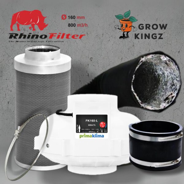 Grow Abluftset Prima Klima Eco mit Rhino Aktivkohlefilter 800m³/h ø160mm 1-Stufe