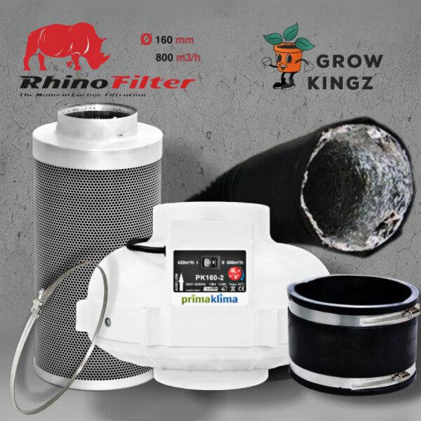 Grow Abluftset Prima Klima mit Rhino Aktivkohlefilter 800m3/h ø160 2-Stufen