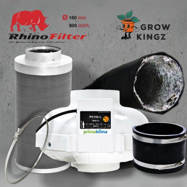 Grow Abluftset Prima Klima mit Rhino Aktivkohlefilter 800m3/h ø150 1-Stufe